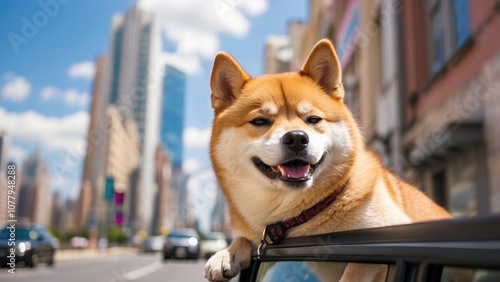 Energetic Shiba Inu leaning out of a car window, ears flapping and tongue out, joyfully embracing the wind on a sunny day, with a vibrant cityscape whizzing by.- photo