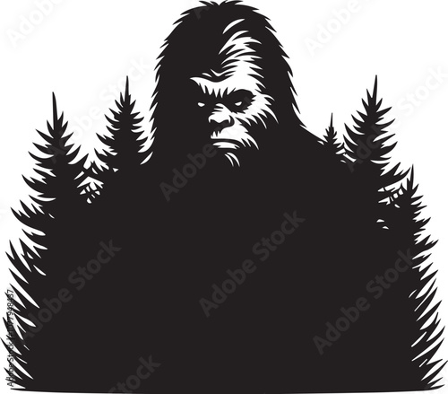 Bigfoot silhouette hiding under a bush only its eyes showing photo