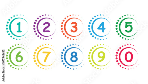 Colorful bullet points number set from zero to nine. dotted circles and numbers. colorful number digit vector icon with white background. Numbers symbols. Flat icons . Set of 1-9 numbers