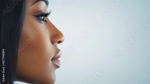 Profile of a Beautiful Woman with Striking Features, Emphasizing Grace and Elegance Against a Soft, Light Background Capturing Essence of Femininity and Confidence