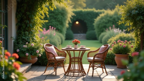 A table with four chairs and a vase of flowers in the middle