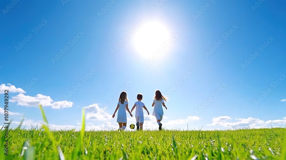 Children Playing Together Outdoors Under Bright Sunlight in a Lush Green Field with Clear Blue Sky, Emphasizing Joyful Moments and Family Bonding Children Playing Together Outdoors Under Bright Sunlight in a Lush Green Field with Clear Blue Sky, Emphasizing Joyful Moments and Family Bonding