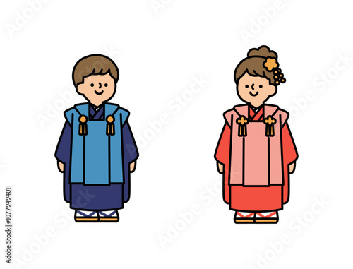 着物の男の子と女の子のシンプルで可愛い七五三のイラスト