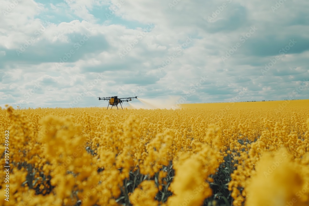 Drone applies pest control over vibrant rapeseed field beneath cloudy sky to enhance agricultural yield Drone applies pest control over vibrant rapeseed field beneath cloudy sky to enhance agricultural yield