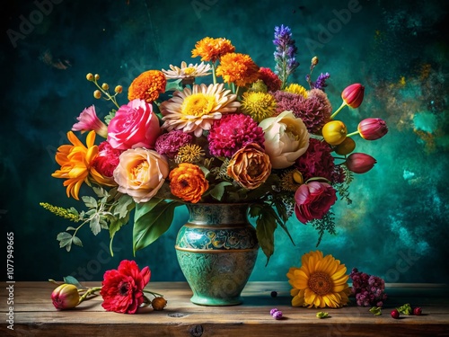 Elegant floral arrangement in a textured vase against a stunning teal backdrop, showcasing vibrant blooms and intricate details for refined food photography and decor inspiration. photo