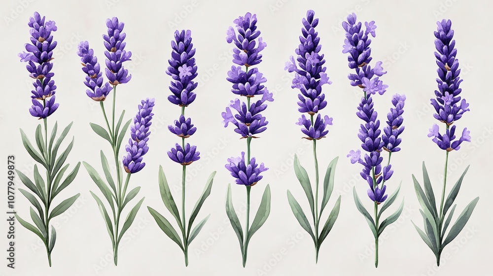 Obraz premium A collection of 8 illustrated lavender flowers with varying heights and arrangements.