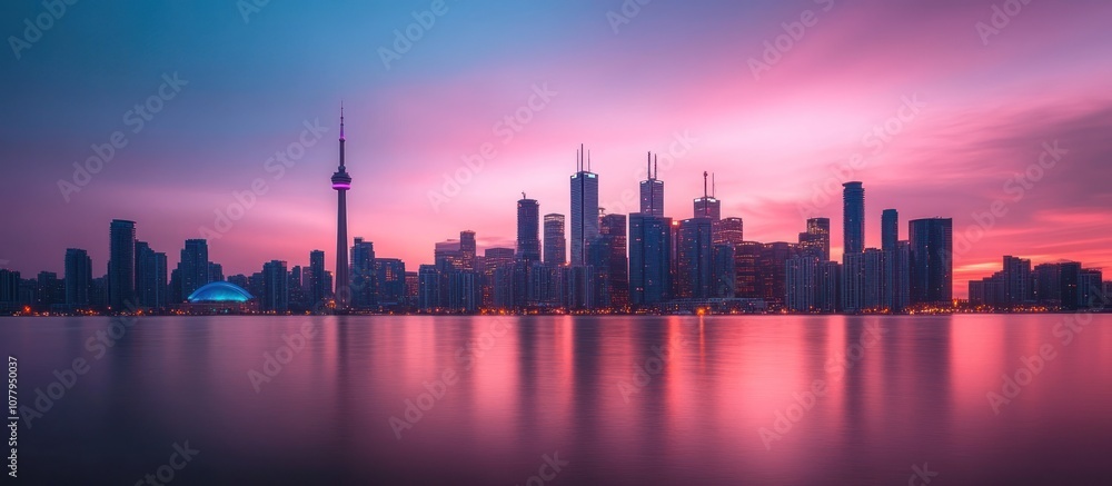 Fototapeta premium City skyline at sunset with a reflection in the water.