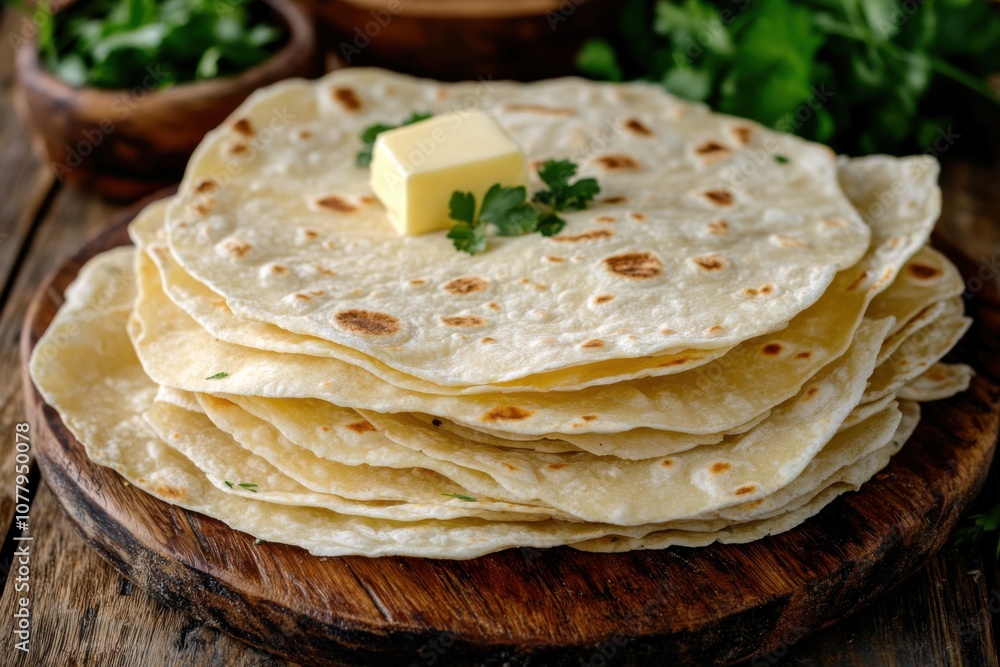 Armenian lavash closeup with butter garnish and fresh herbs for culinary design Armenian lavash closeup with butter garnish and fresh herbs for culinary design