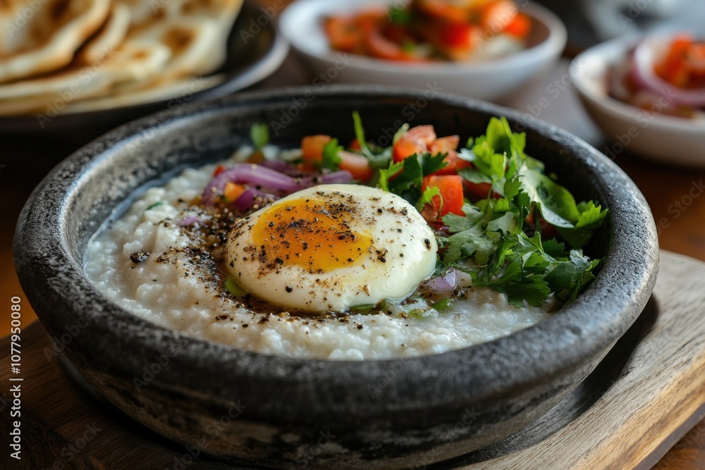 Armenian harissa porridge with poached egg and fresh herbs in traditional bowl Armenian harissa porridge with poached egg and fresh herbs in traditional bowl