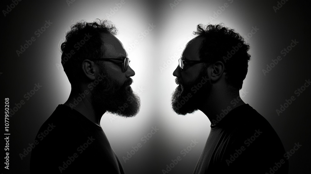 Two Men with Beards Silhouette Profile in Black and White Against Soft Light Background, Capturing Introspection and Duality of Identity Two Men with Beards Silhouette Profile in Black and White Against Soft Light Background, Capturing Introspection and Duality of Identity