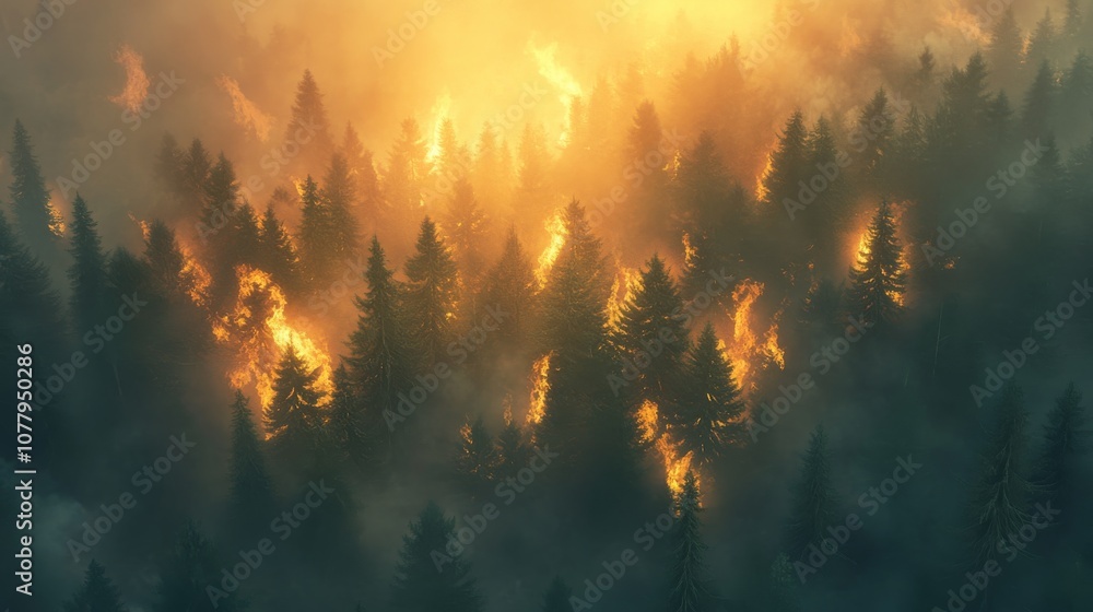 Fototapeta premium Forest Fire Aerial View of Burning Trees in Smoke and Fog, wildfire, nature