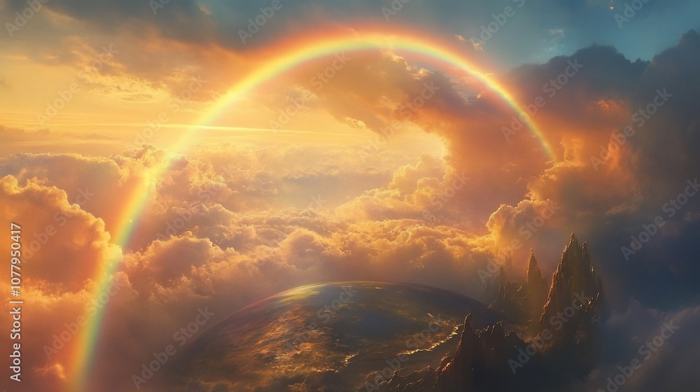 A vibrant rainbow arches over a fantastical landscape of towering mountains and clouds, bathed in the golden light of a setting sun. A vibrant rainbow arches over a fantastical landscape of towering mountains and clouds, bathed in the golden light of a setting sun.