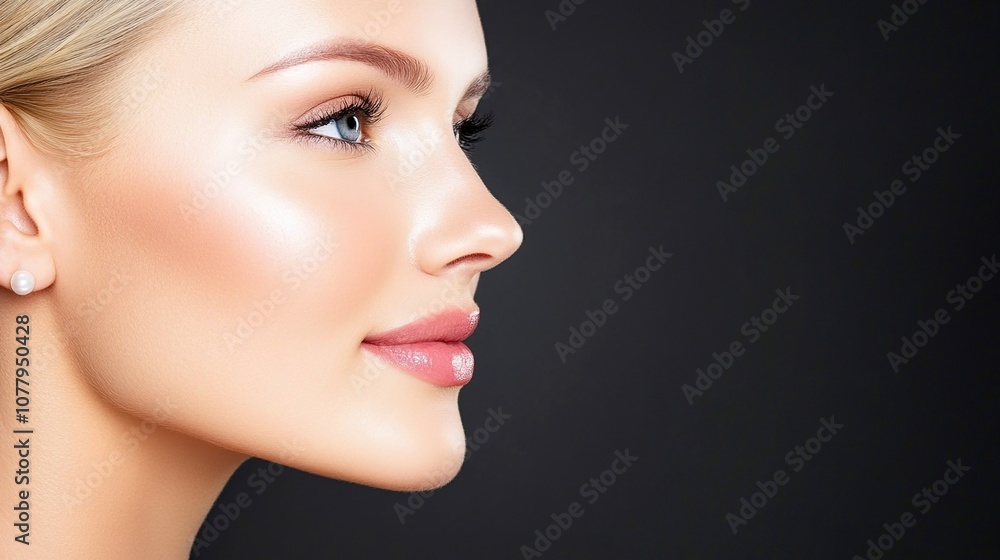 Fototapeta premium Elegant Profile of a Modern Woman with Radiant Skin Against a Dark Background for Beauty and Skincare Concepts
