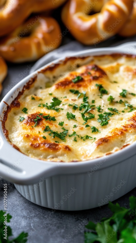Bavarian beer cheese casserole with fresh parsley and soft pretzels Bavarian beer cheese casserole with fresh parsley and soft pretzels