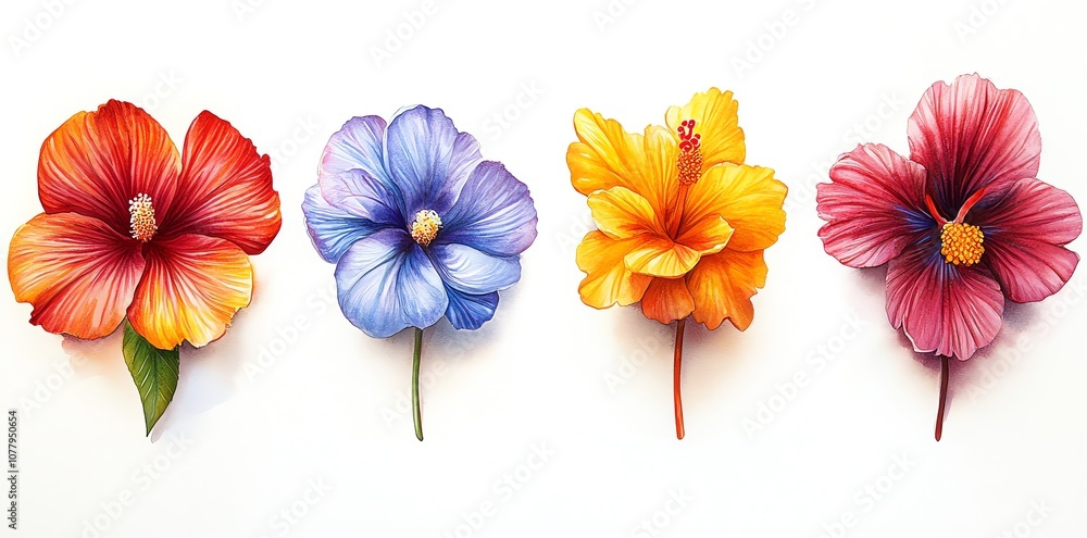 Four colorful hibiscus flowers isolated on a white background. Four colorful hibiscus flowers isolated on a white background.