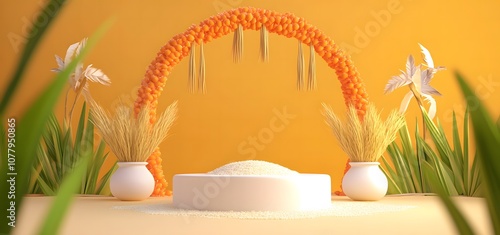 3D podium with a white circular platform for product presentation, Pongal festival background photo