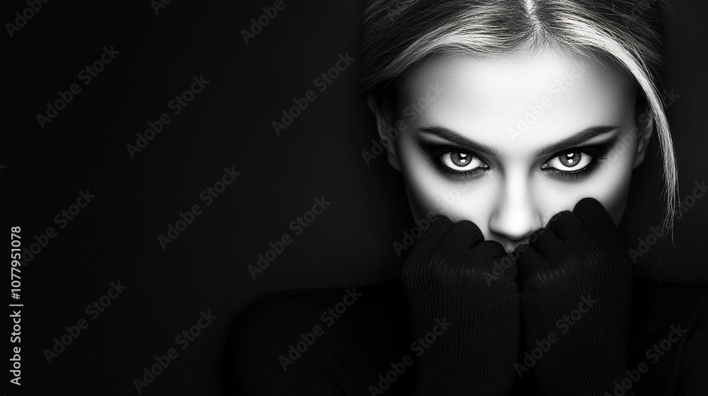 Fototapeta premium Striking Portrait of a Beautiful Woman with Intense Eyes, Dark Background, and Fashionable Black Sweater Focusing on Emotions and Expressions in Monochrome Style