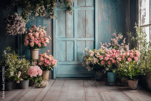 A rustic blue wall with potted pink flowers and a wooden door.