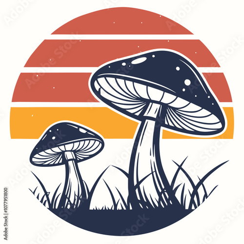 Retro Mushroom Graphic with Sunset Stripes Background, T-shirt design, retro vintage mushroom