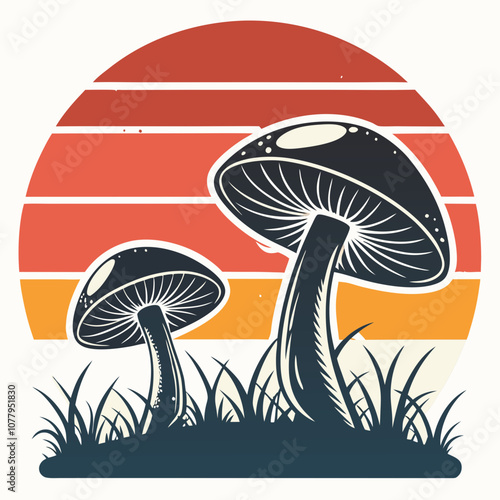 Retro Mushroom Graphic with Sunset Stripes Background, T-shirt design, retro vintage mushroom