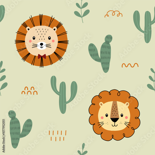 Seamless pattern with cute little lion, cactus and leaves tropical for your fabric, children textile, nursery decoration, gift wrap paper, kids bedding, baby's shirt. Vector illustration