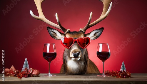 Reindeer in santa hat with heart sunglasses and wine, embodying festive humor. generative with AI
