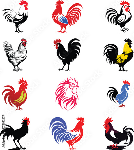 Vibrant set of roosters vector Illustrations Collection – differents of Styles and Colors