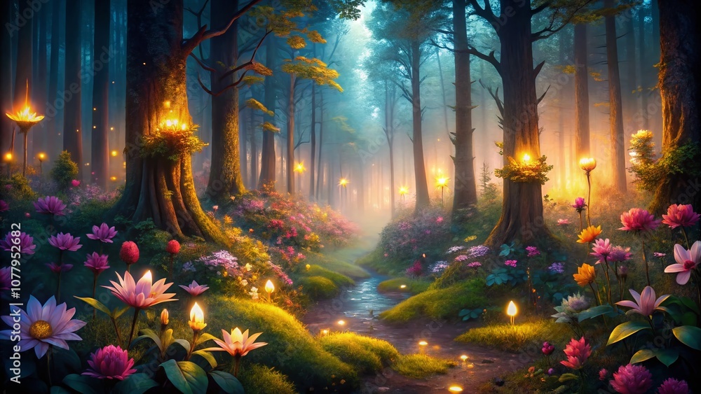 Enchanted Flowers Illuminate a Mystical Dark Forest, Casting an Ethereal Glow Through the Shadows and Creating a Magical Atmosphere of Wonder and Serenity at Night Enchanted Flowers Illuminate a Mystical Dark Forest, Casting an Ethereal Glow Through the Shadows and Creating a Magical Atmosphere of Wonder and Serenity at Night