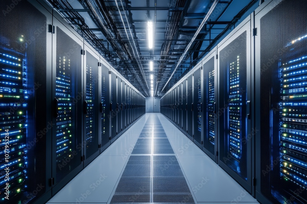 Rows of data center servers exploring cloud computing, database storage, and network technology Rows of data center servers exploring cloud computing, database storage, and network technology