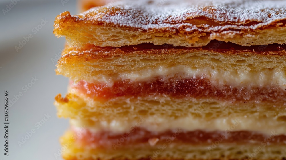 Close-up of elegant french mille feuille dessert with layers of pastry and cream Close-up of elegant french mille feuille dessert with layers of pastry and cream