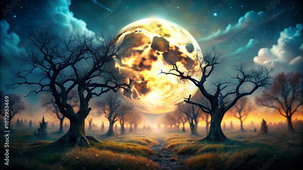 Enchanting Halloween Landscape Featuring a Full Moon and Spooky Trees in Tilt-Shift Style for a Unique and Magical Atmosphere Enchanting Halloween Landscape Featuring a Full Moon and Spooky Trees in Tilt-Shift Style for a Unique and Magical Atmosphere