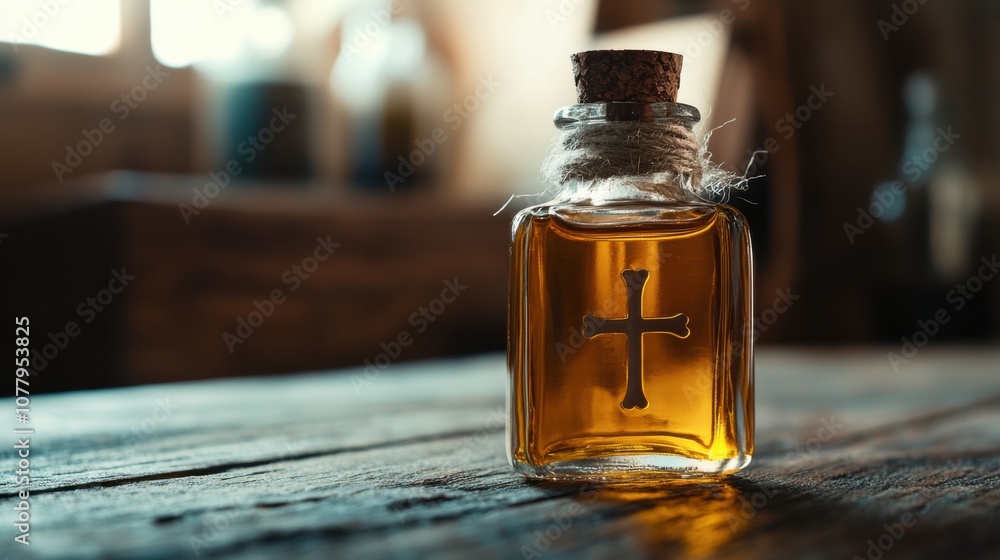 Closeup of holy oil vial with cross on wooden table for rituals and ceremonies Closeup of holy oil vial with cross on wooden table for rituals and ceremonies