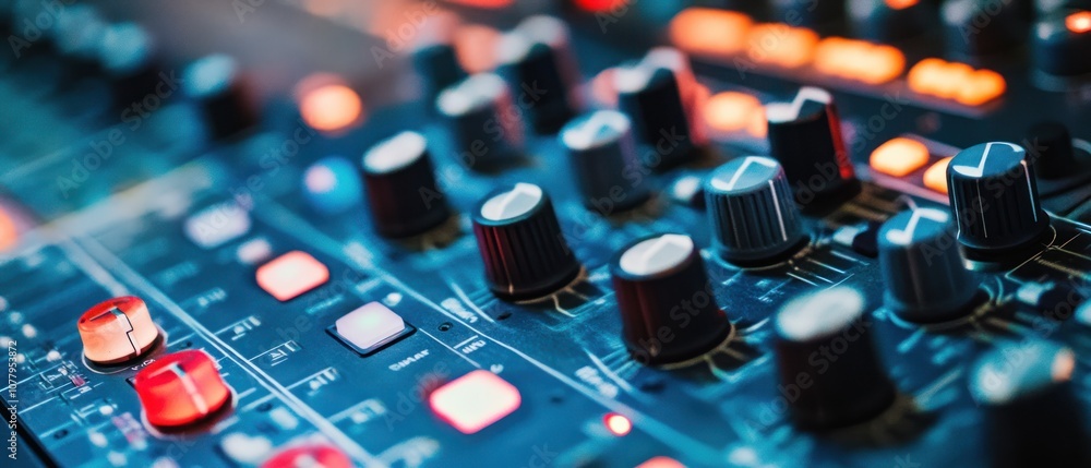 Close-up of a sound mixing console with knobs and buttons for audio control. Close-up of a sound mixing console with knobs and buttons for audio control.