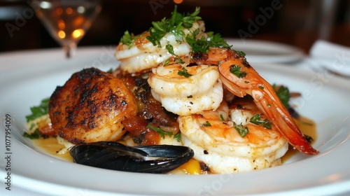 Coastal seafood feast at waterfront restaurant with freshly cooked shrimp and mussels photo