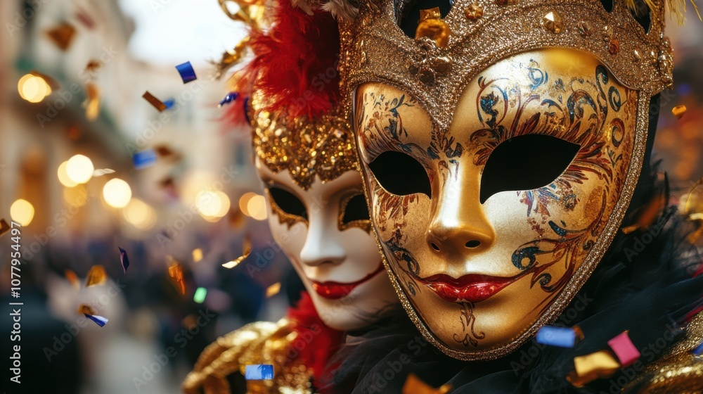 Fototapeta premium Colorful german carnival masks with festive confetti in vibrant street celebration