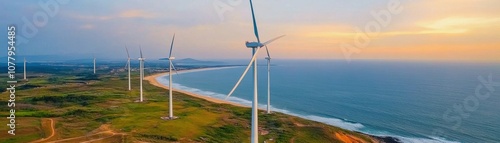 Aerial View of Wind Turbines Scattered Along the Coastline During Sunset with Beautiful Sky and Ocean in the Background photo