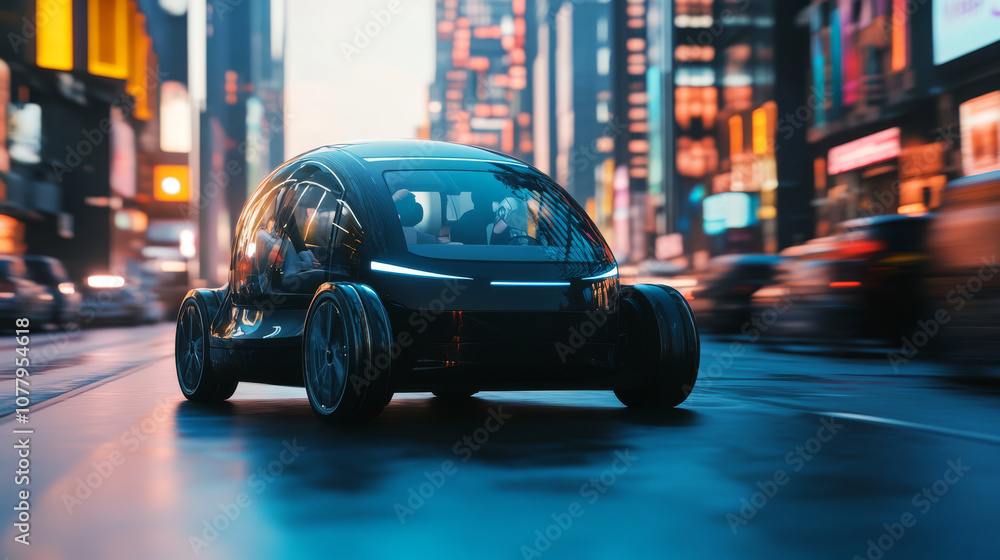 A self-driving car smoothly navigating through city traffic, with passengers relaxed and enjoying the ride, showcasing the potential of autonomous transport A self-driving car smoothly navigating through city traffic, with passengers relaxed and enjoying the ride, showcasing the potential of autonomous transport