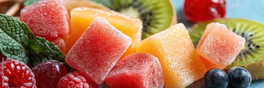 Colorful tropical japanese treats flat lay with vibrant fruits and sweets Colorful tropical japanese treats flat lay with vibrant fruits and sweets