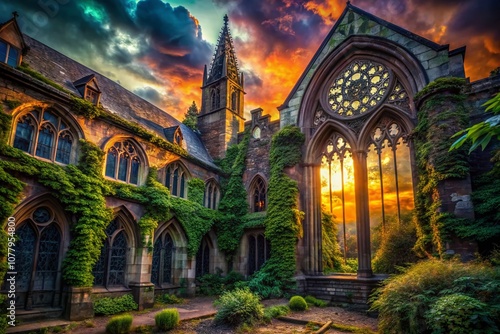 Enigmatic Gothic Architecture Surrounded by Lush Overgrowth in an Abandoned Urban Landscape Capturing the Haunting Beauty of Decay and Nature's Embrace