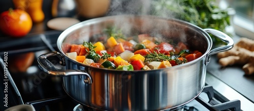 A pot of steaming vegetables cooking on a stovetop.