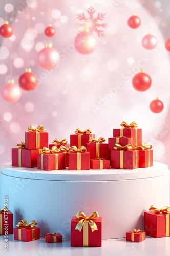 Christmas gifts, red and gold wrapped presents, white platform display, soft pink bokeh background, floating ornaments, festive atmosphere, dreamy holiday scene, studio photography, vertical compositi