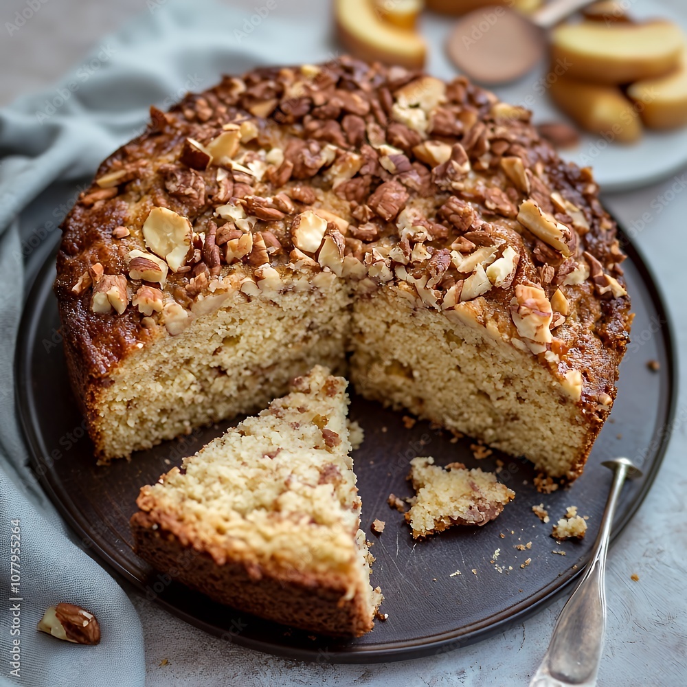 Deliciously golden apple cake with a slice cut out on a dark brown plate. Deliciously golden apple cake with a slice cut out on a dark brown plate.