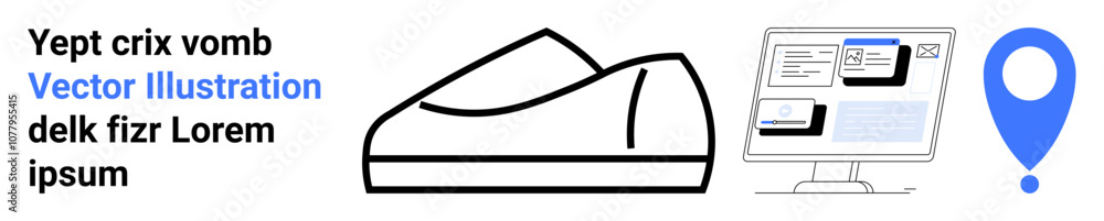 Shoe, computer monitor displaying webpages, location marker icon, and placeholder text. Ideal for e-commerce, web design, online shopping, business analytics, SEO, digital marketing, UIUX design Shoe, computer monitor displaying webpages, location marker icon, and placeholder text. Ideal for e-commerce, web design, online shopping, business analytics, SEO, digital marketing, UIUX design