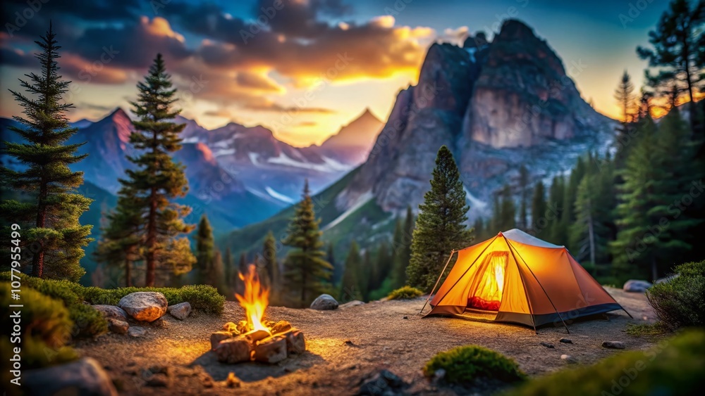 Evening Adventure Camping Scene with Tent, Campfire, Pine Forest, and Rocky Mountains in Stunning Tilt-Shift Photography for Virtual Video Animation Background Evening Adventure Camping Scene with Tent, Campfire, Pine Forest, and Rocky Mountains in Stunning Tilt-Shift Photography for Virtual Video Animation Background