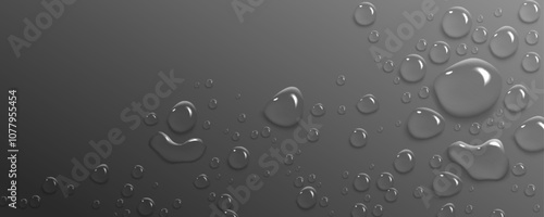 Water droplets scatter on glass window or smooth gray surface. Clear crystal spheres and puddles of various size reflecting light on dark background. Realistic 3d vector banner with raindrops.