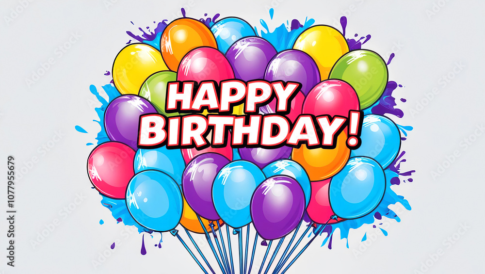 A cluster of vibrant balloons bursts onto a gray background, symbolizing joy, festivity, and the spirit of celebration. The bold HAPPY BIRTHDAY message adds to the celebratory vibe. Illustration. 2 A cluster of vibrant balloons bursts onto a gray background, symbolizing joy, festivity, and the spirit of celebration. The bold HAPPY BIRTHDAY message adds to the celebratory vibe. Illustration. 2