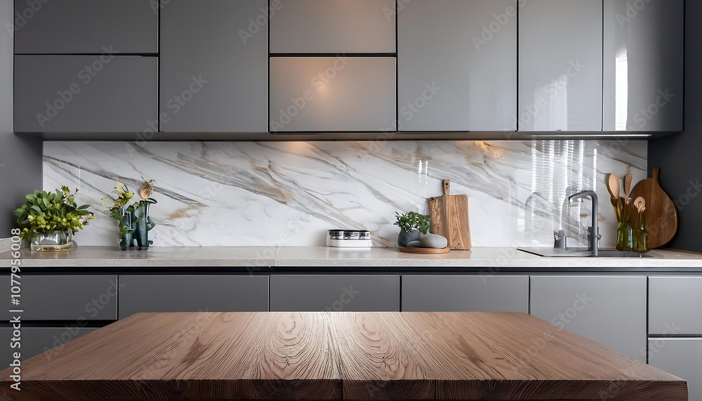 Fototapeta premium Modern kitchen interior with wood cabinets, stainless steel appliances, and a sleek island countertop