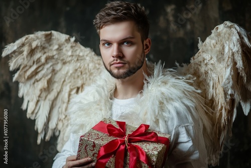 Charming man in cupid costume celebrates valentine s day with gifts and angel wings on february 14 photo