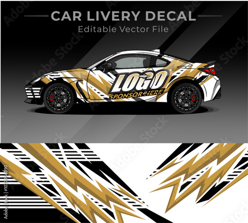 Illustration vector graphic of car wrap decal with white black gold colour. Lightning Livery design for Racing car, Contest or Daily use