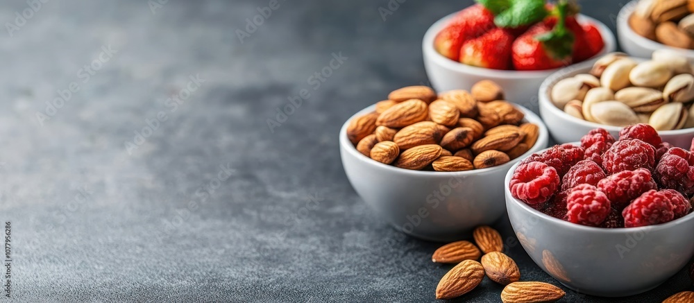 Close-up of bowls with almonds, pistachios, raspberries, and strawberries on a gray background. Close-up of bowls with almonds, pistachios, raspberries, and strawberries on a gray background.